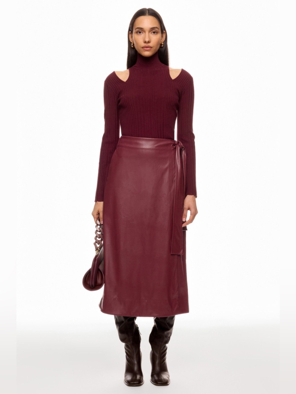 Mock Neck Burgundy Leather Midi Skirt with Side Tie